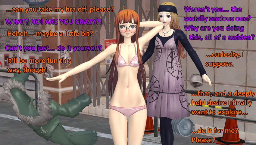 2girls atlus bra casual clothing dropping_clothes exhibitionism female human indecent_exposure mifune_chihaya ofugh only_one_naked pale_skin panties persona persona_5 public sakura_futaba underwear underwear_only undressing xnalara