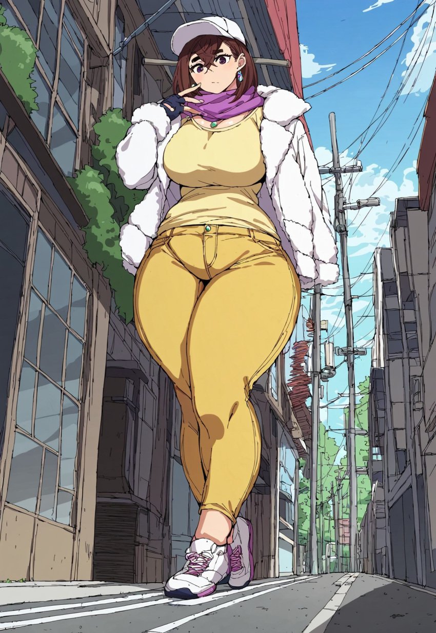 ai_generated ayase_momo cap dandadan earrings giantess gloves hourglass_figure huge_breasts jacket jeans pink scarf shoes taller_girl thick_thighs tight_clothing