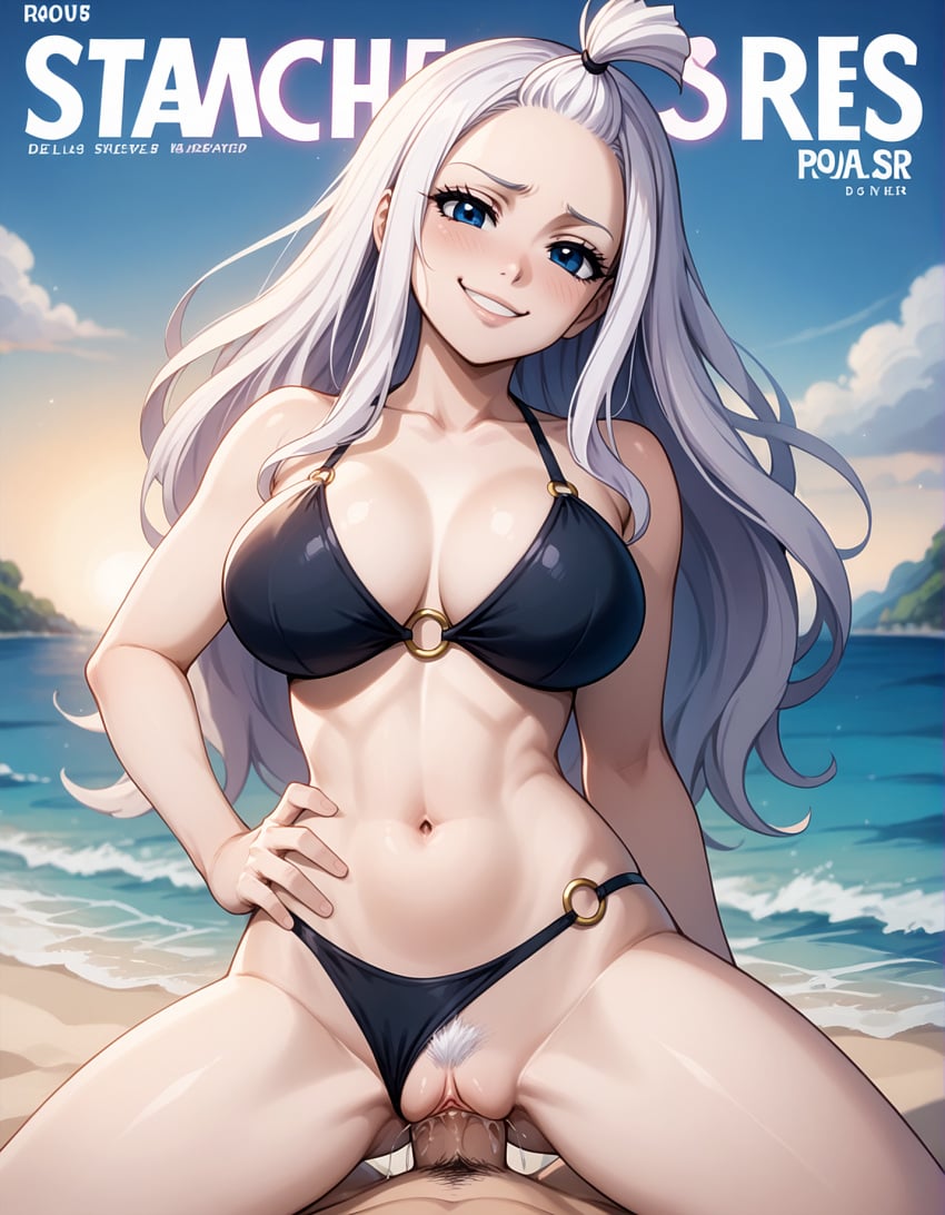 ai_generated bikini blue_eyes fairy_tail hand_on_hip large_breasts magazine_cover mirajane_strauss o-ring partial_male payop pony_diffusion_xl posing smiling_at_viewer vaginal_penetration vaginal_sex white_hair