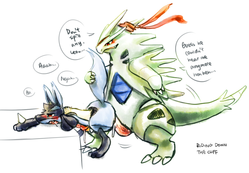 2012 anal anal_sex bandana blush cum erection furry gay haychel lucario male nintendo no_humans penetration penis plain_background pokemon pokemon_(species) red_eyes sex tyranitar white_background