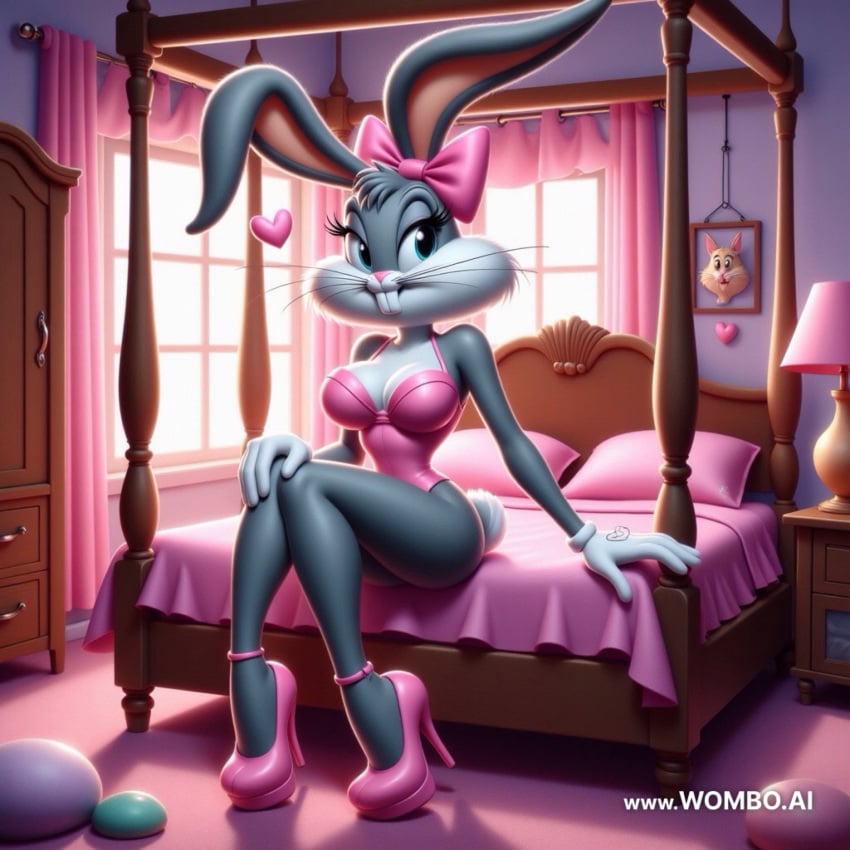 ai_generated bedroom bedroom_eyes bow bugs_bunny crossdressing high_heels lingerie looney_tunes mtf_transformation rule_63 wombo