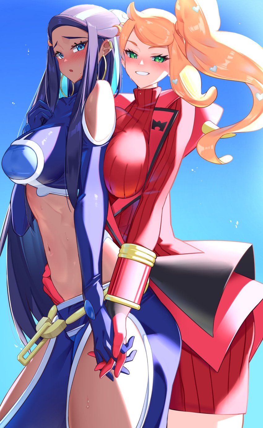 2girls bare_arms bare_legs bare_shoulders bare_thighs big_breasts black_hair blue_eyes blush clothed clothing color dark-skinned_female dark_skin female female_focus female_only game_freak gym_leader haska_(user_gure4787) hi_res large_breasts long_hair looking_at_viewer nessa_(pokemon) nintendo orange_hair pokemon pokemon_ss pokemon_trainer solo_female sonia_(pokemon) tagme team_aqua team_magma thick_thighs