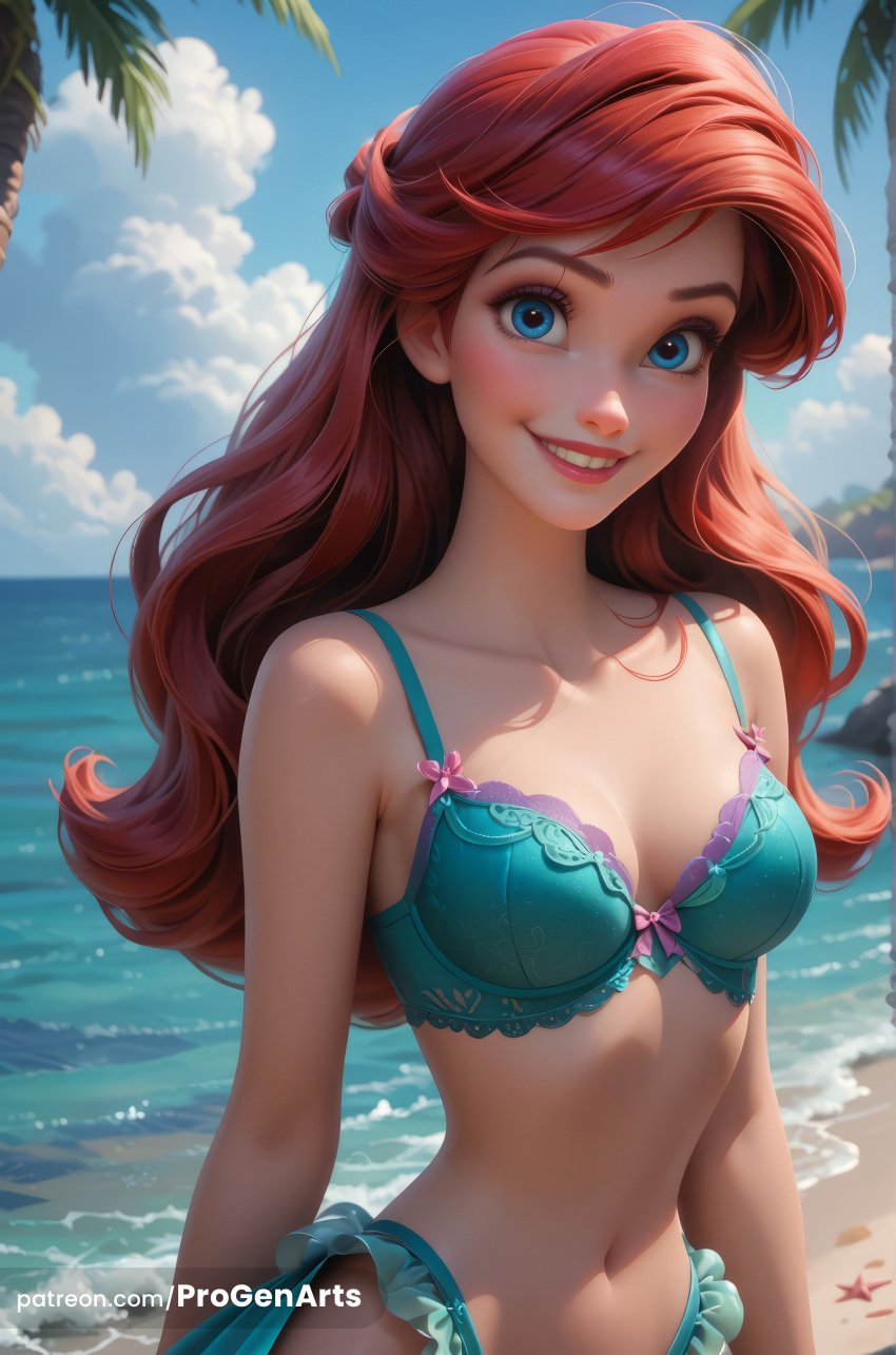 1girls ai_generated ariel ariel_(the_little_mermaid) artist_name beach bikini blue_bikini blue_eyes blue_sky bow breasts cleavage cloud collarbone day disney disney_princess freckles frilled_bikini frills grin hi_res highleg lips long_hair looking_at_viewer medium_breasts navel ocean outdoors palm_tree patreon_username progenarts red_hair sky smile solo starfish stomach swimsuit teeth the_little_mermaid the_little_mermaid_(1989_film) tree upper_body water web_address