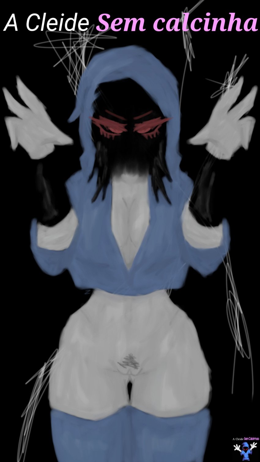 1zaraquell1 4_fingers artist_logo black_background black_hair bracelets brazilian breasts cleavage covering_face faceless female genderswap_(mtf) grey_skin meme meme_reference pubic_hair pussy red_eyelashes red_eyes tagme thighhighs thin_waist wide_hips