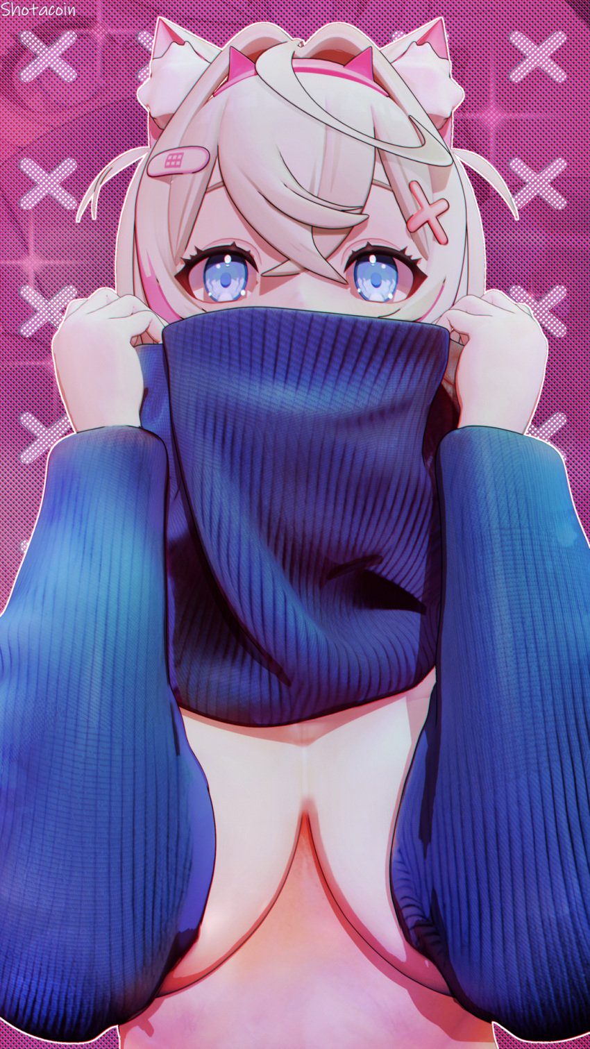 blonde_hair blue_eyes breasts covering_breasts digital_painting_(artwork) hololive hololive_english hololive_english_-advent- mococo_abyssgard pink_background sexy shy sweater virtual_youtuber vtuber