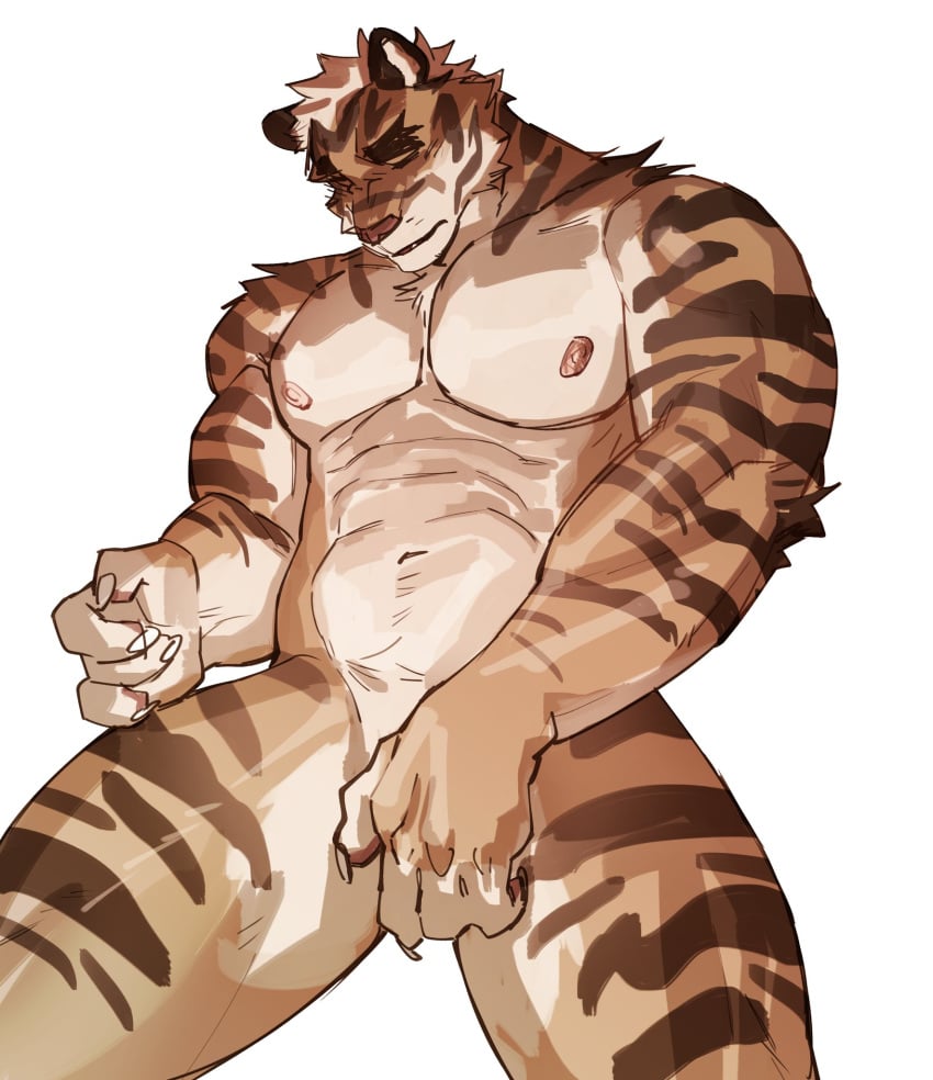 2022 5_fingers claws closed_eyes colored cuntboy_only cuntboy_sans_balls felid fingers fur hi_res humanoid_hands maiyabuhantang mammal navel nipples nude orange_body orange_fur pantherine pink_nipples solo striped_body striped_fur stripes tan_body tan_fur tiger