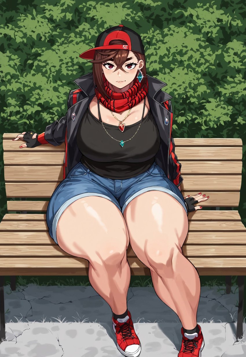 1girls ai_generated ayase_momo bench brown_eyes brown_hair cap civitai clothed_female curtains_match_windows dandadan earrings female female_only fingerless_gloves hat hourglass_figure huge_ass huge_breasts huge_thighs jacket jean_shorts looking_at_viewer necklace outdoors red_fingernails red_nail_polish red_nails scarf shoes short_shorts shorts sitting sitting_on_bench smirking sneakers solo thick_thighs thunder_thighs