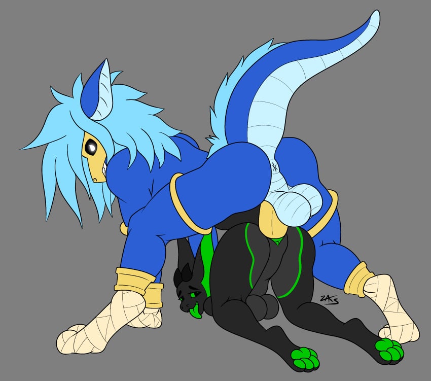 absurd_res anthro anthro_on_anthro anthro_penetrated anthro_penetrating anthro_penetrating_anthro anus ass_up balls big_balls big_dom_small_sub big_ears black_body blue_balls blue_body blue_hair breasts digitigrade dominant dragon duo feet female foot_wraps genitals glowing glowing_eyes green_eyes green_markings green_pawpads green_pussy green_sclera green_tongue grey_body hair hand_wraps hi_res horn jewelry kneeling larger_male looking_back looking_pleasured luceiry lying male male/female markings mask muscular muscular_male mythological_creature mythological_scalie mythology on_front pawpads paws penetration penile penile_penetration penis penis_in_pussy pussy scalie sex size_difference smaller_female stomach_bulge tail thick_thighs tongue tongue_out vaginal_penetration vaginal_penetration wraps yellow_penis zaks zaks_(character)