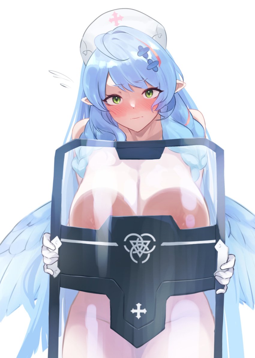 1girls blue_archive blue_hair blush breasts embarrassed eyebrows_visible_through_hair female female_only foxallium_(ariumu) gloves green_eyes hat huge_breasts light-skinned_female light_skin looking_at_viewer mine_(blue_archive) no_bra no_panties nurse nurse_cap pointy_ears remedial_knights_(blue_archive) shield solo trinity_general_school_student white_gloves wings