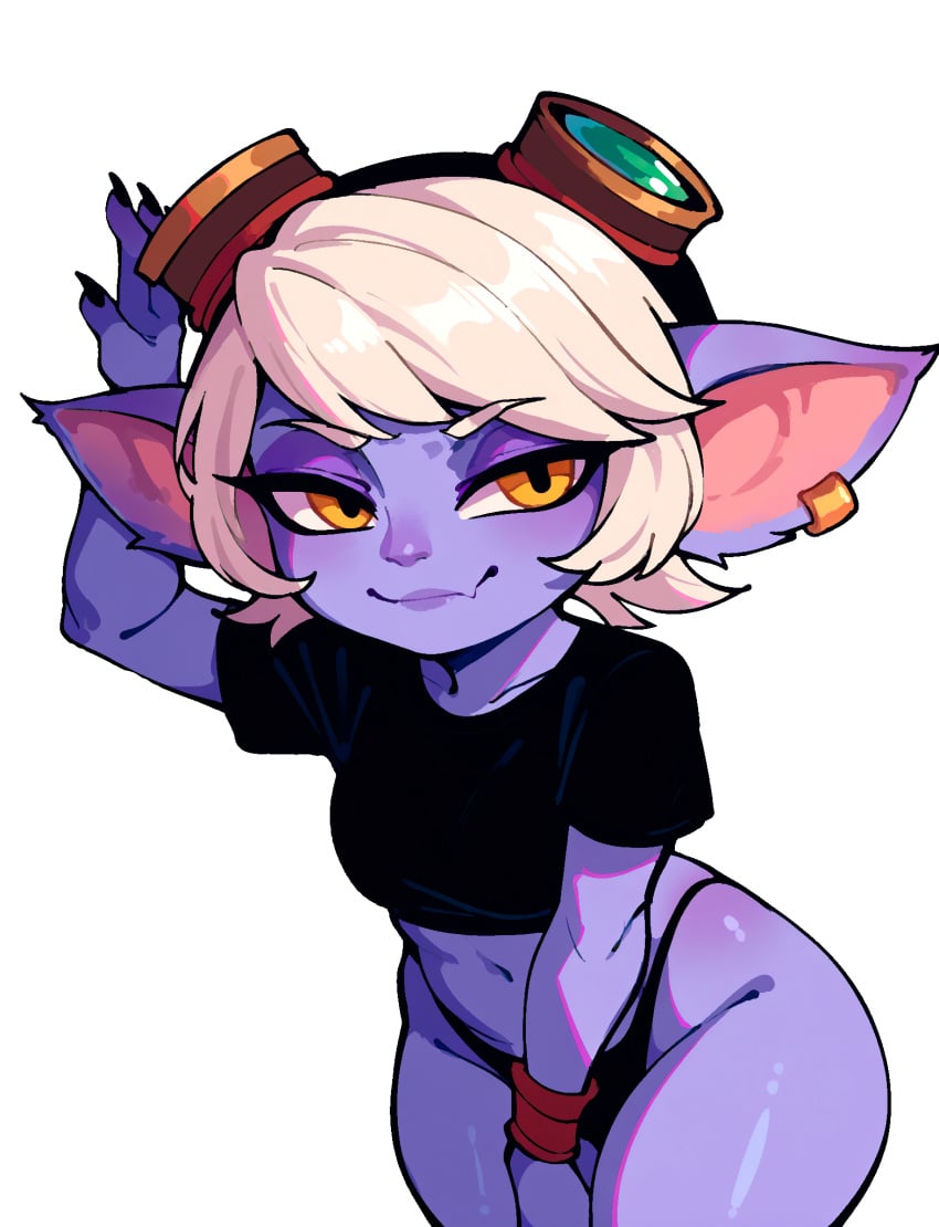 1girls ai_assisted ai_generated black_shirt crop_top eyewear_on_head fangs flesh_fang googles highleg_panties league_of_legends leaning_on_wall losforry_custom pierced_ears purple_skin shirt smile solo transparent_background tristana white_hair yellow_eyes