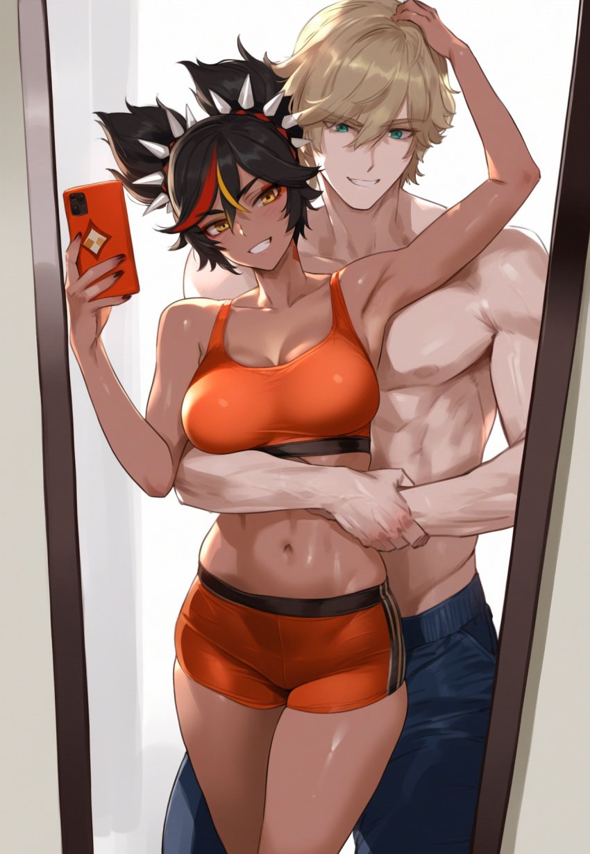 1boy 1girls ai_generated big_thighs dark-skinned_female dark_skin female genshin_impact male mirror mirror_selfie navel samsara_ai selfie smile thick_thighs thighs xinyan_(genshin_impact)