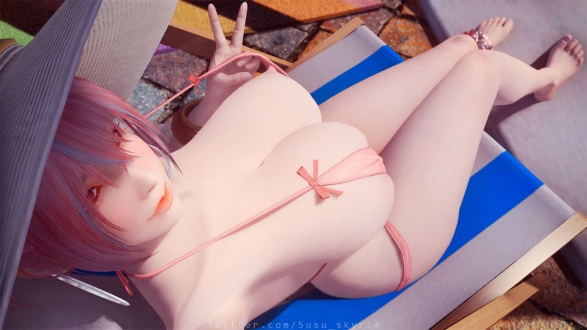 3d 3d_render big_breasts bikini blue_highlights female flashing_breasts hoop_earrings large_breasts long_hair multicolored_hair peace_sign pink_bikini pink_eyes pink_hair pool_chair sitting solo sun_hat susu_skyrim twintails v_sign