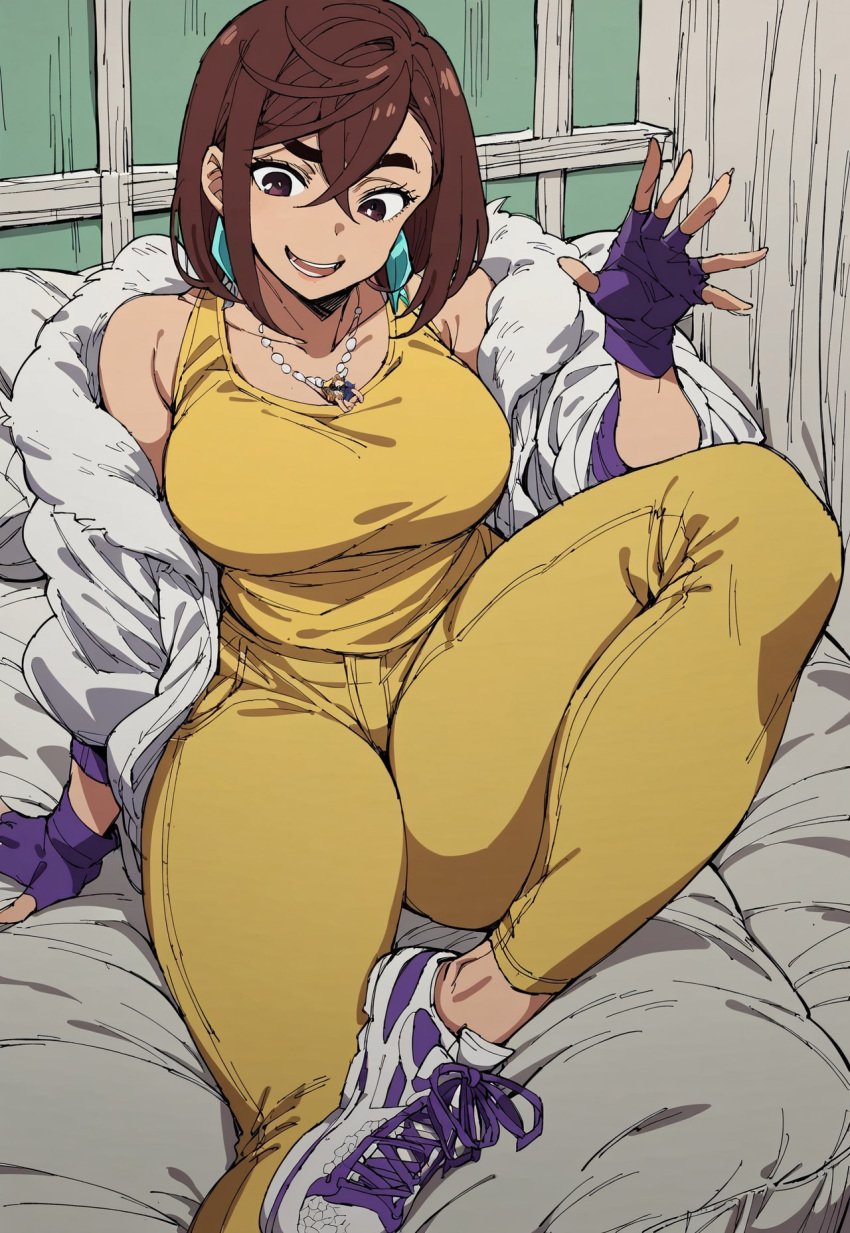 ai_generated ayase_momo dandadan gloves hourglass_figure huge_breasts indoors jacket jeans necklace shoes smiling tanktop thick thick_thighs thighs thunder_thighs