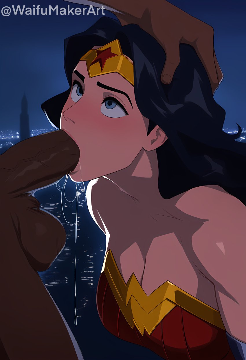 1boy 1boy1girl 1girls ai_generated blowjob blush city cleavage cock dark-skinned_male dc_comics fellatio female hand_on_head hi_res high_resolution highres huge_cock interracial large_breasts looking_up male male/female night night_sky penis saliva saliva_drip saliva_on_penis testicles veiny_penis waifumakerart wonder_woman wonder_woman_(series)