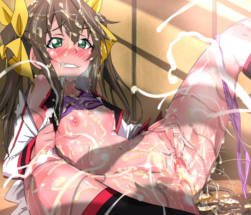 blush breasts brown_hair censored cum cum_on_body ejaculation green_eyes huang_lingyin infinite_stratos panties penis spread_legs tied_hair twintails