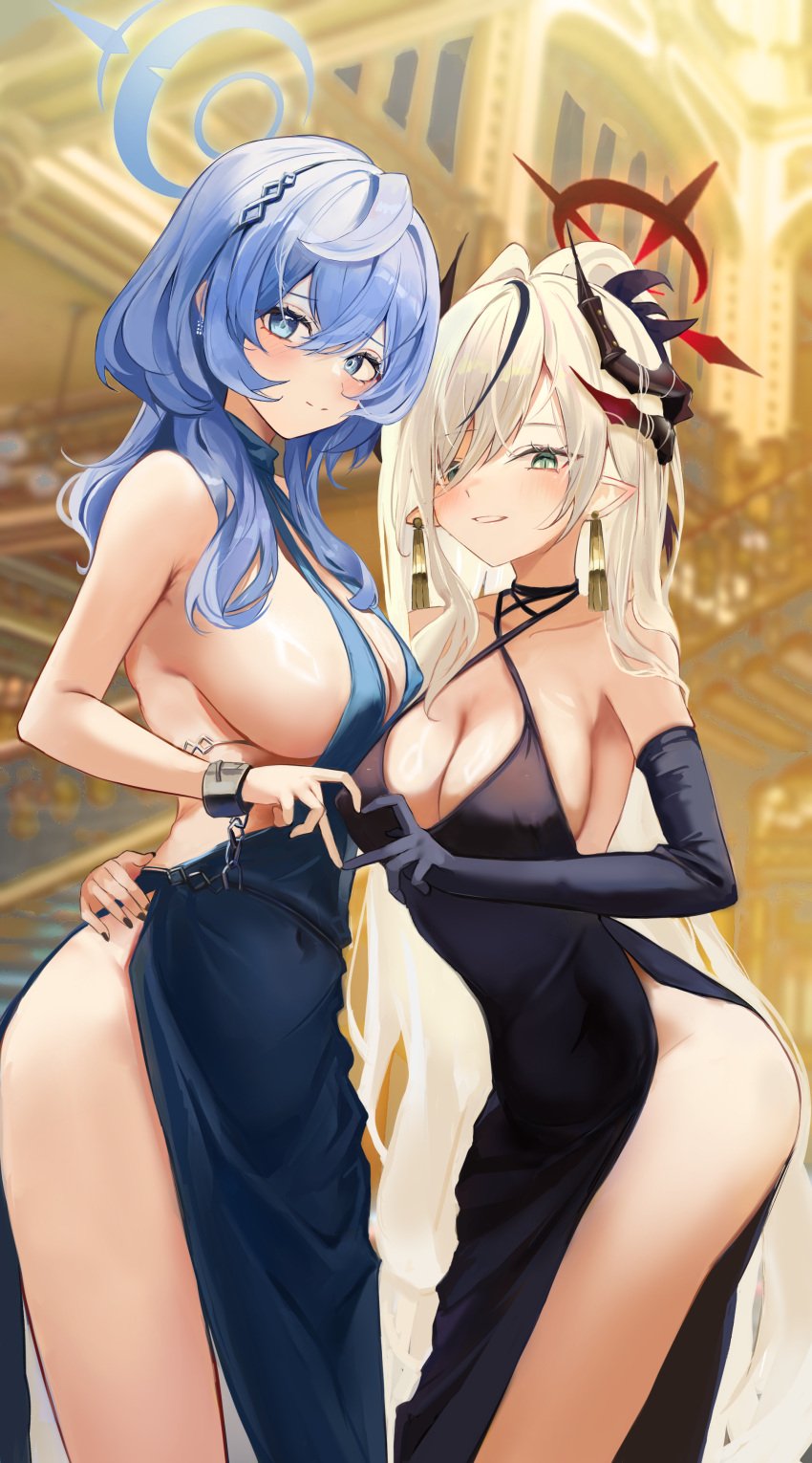 2girls absurd_res absurdres ako_(blue_archive) ako_(dress)_(blue_archive) arm_gloves armpits bare_armpits bare_arms bare_chest bare_hands bare_hips bare_legs bare_shoulders bare_skin bare_thighs black_arm_gloves black_dress black_elbow_gloves black_fingernails black_gloves black_horn black_horns black_nail_polish black_nails black_outfit black_topwear blonde_eyebrows blonde_female blonde_hair blonde_hair blonde_hair_female blue_archive blue_dress blue_eyebrows blue_eyes blue_eyes_female blue_hair blue_hair_female blue_halo blue_outfit blue_topwear blurred_background blurry_background blush blush_face blushed_face blushing_at_viewer blushing_face blushing_female bracelet breasts bunny_kitsune busty busty_female busty_girl busty_teen cleavage collarbone curvaceous curvaceous_body curvaceous_female curvaceous_figure curvaceous_hips curvaceous_teen curvy curvy_ass curvy_body curvy_female curvy_figure curvy_hips curvy_teen dot_nose dress elbow_gloves elbows exposed_armpits exposed_arms exposed_chest exposed_hips exposed_legs exposed_shoulders exposed_skin exposed_thighs fair_skin female female_focus female_only fingernails fingers gloves green_eyes green_eyes_female grin hair_between_eyes hair_ornament hair_ornaments halo high_resolution high_school_student highres horn horns hourglass_figure large_breasts lean_body lean_figure legs light-skined_female light-skinned light-skinned_female light_skin light_skin_female light_skinned light_skinned_female long_hair looking_at_viewer looking_down looking_down_at_viewer makoto_(blue_archive) makoto_(dress)_(blue_archive) multicolored_hair multiple_females multiple_girls nail_polish nails narrow_waist nervous nervous_expression nervous_face nervous_female nervous_smile outfit parted_lips pointy_ears ponytail red_halo school_girl school_girls shiny_breasts shiny_hair shiny_skin shoulders shy shy_expression shy_smile sideboob sideless_dress sideless_outfit slender_body slender_waist slim_girl slim_waist smile smiley_face smiling smiling_at_viewer smirk smooth_skin standing teen_girl teenage_girl teenage_girls teenager thick_thighs thighs thin_waist topwear upper_body very_long_hair wide_hips