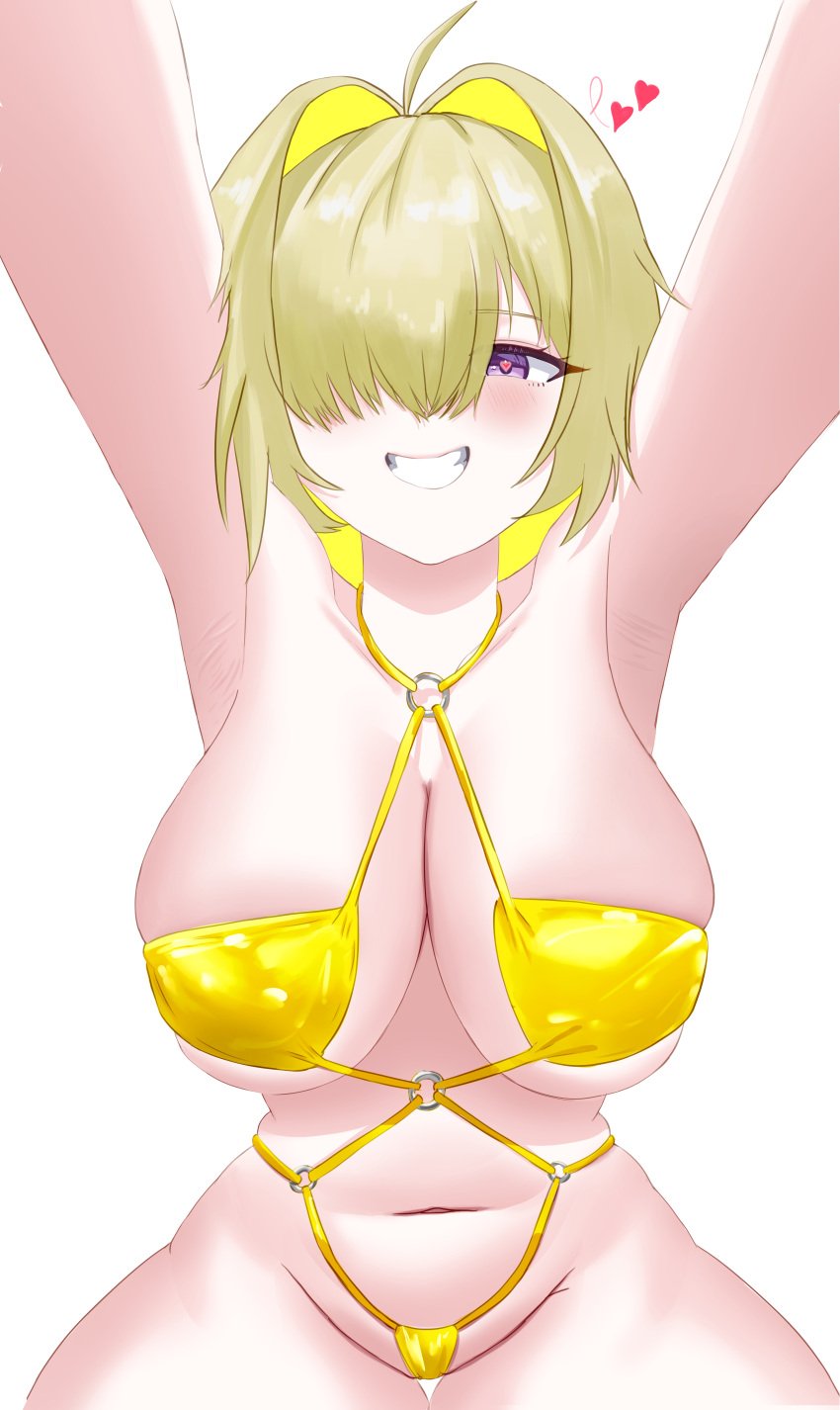 armpits belly bellybutton bikini elegg_(nikke) goddess_of_victory:_nikke heart-shaped_pupils huge_breasts looking_at_viewer looking_down micro_bikini plump purple_eyes smile thick_thighs wide_hips yellow_hair