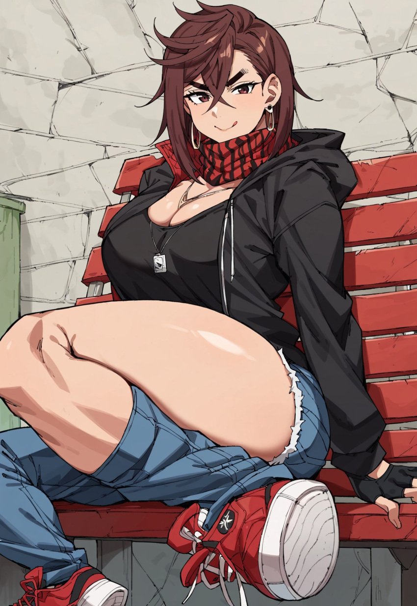 ai_generated ayase_momo civitai clothed_female dandadan exposed_breasts female hourglass_figure huge_breasts outdoors sitting smirk solo_female thick_thighs thunder_thighs