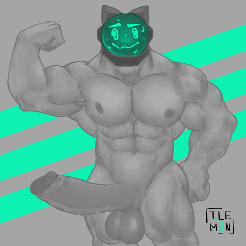 1boy abs balls bara big_penis byte_(deuzion) completely_nude erection fan_art feline gay grey grey_body humanoid male male_nipples male_only muscular muscular_male nervous nipples no_humans nude nude_male penis robot robot_anthro simple_background solo solo_male standing sweat