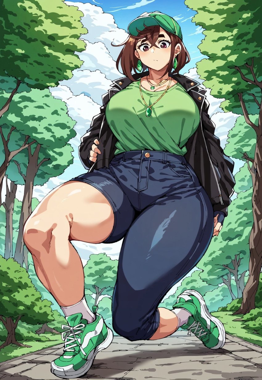 ai_generated ayase_momo black_jacket bottom_heavy cap clothed_female clothing dandadan darkblue_jeans footwear giantess gloves green headwear hourglass hourglass_figure jacket jeans light_blue_clothing light_jeans loitering mini_giantess necklace pink_footwear running_shoes sitting smiling smug sneakers taller_female thighs thunder_thighs tight_clothing tight_jeans