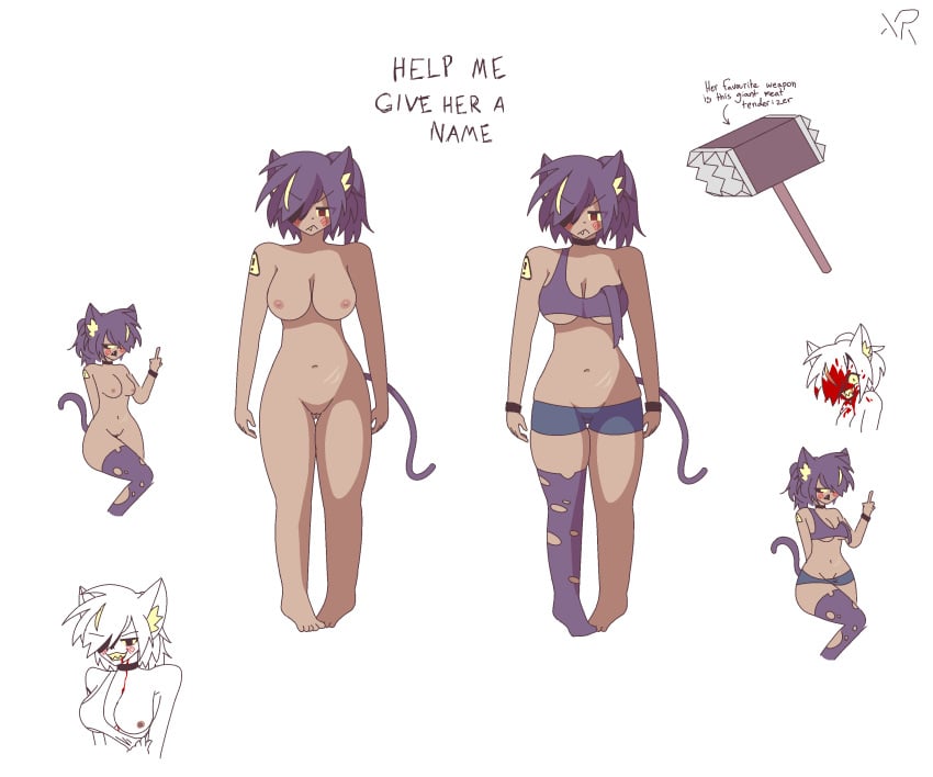 blood cat_ears cat_tail character_sheet flashing_breasts imxr24 middle_finger original_character purple_hair scar sharp_teeth tattoo uncensored unnamed_character yellow_eyes