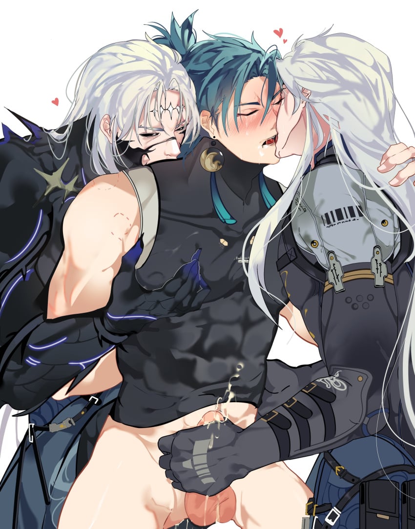 3males big_earrings calcharo_(wuthering_waves) chest_grab clone cum fanart green_hair jiyan_(wuthering_waves) kissing long long_hair long_hair_male male male_only masturbating_other saliva skintight_clothing white_hair wuthering_waves yaoi