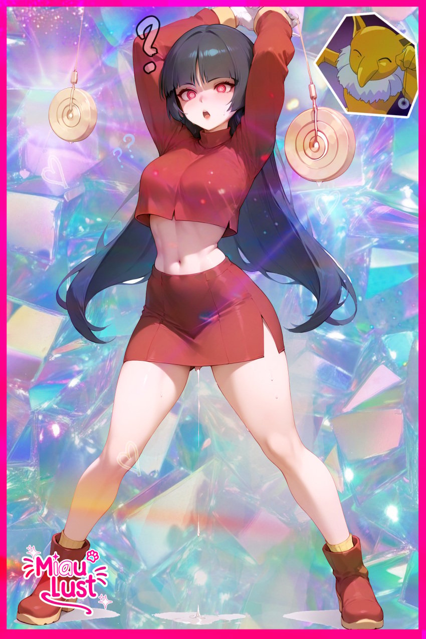 ai_assisted ai_generated bangs battle black_hair busty gameboy gameboy_advance gloves hypnosis miaulust pokeball pokemon pokemon_(species) pokemon_ss red_eyes red_skirt retro_artstyle sabrina_(pokemon) very_long_hair videogame white_skin