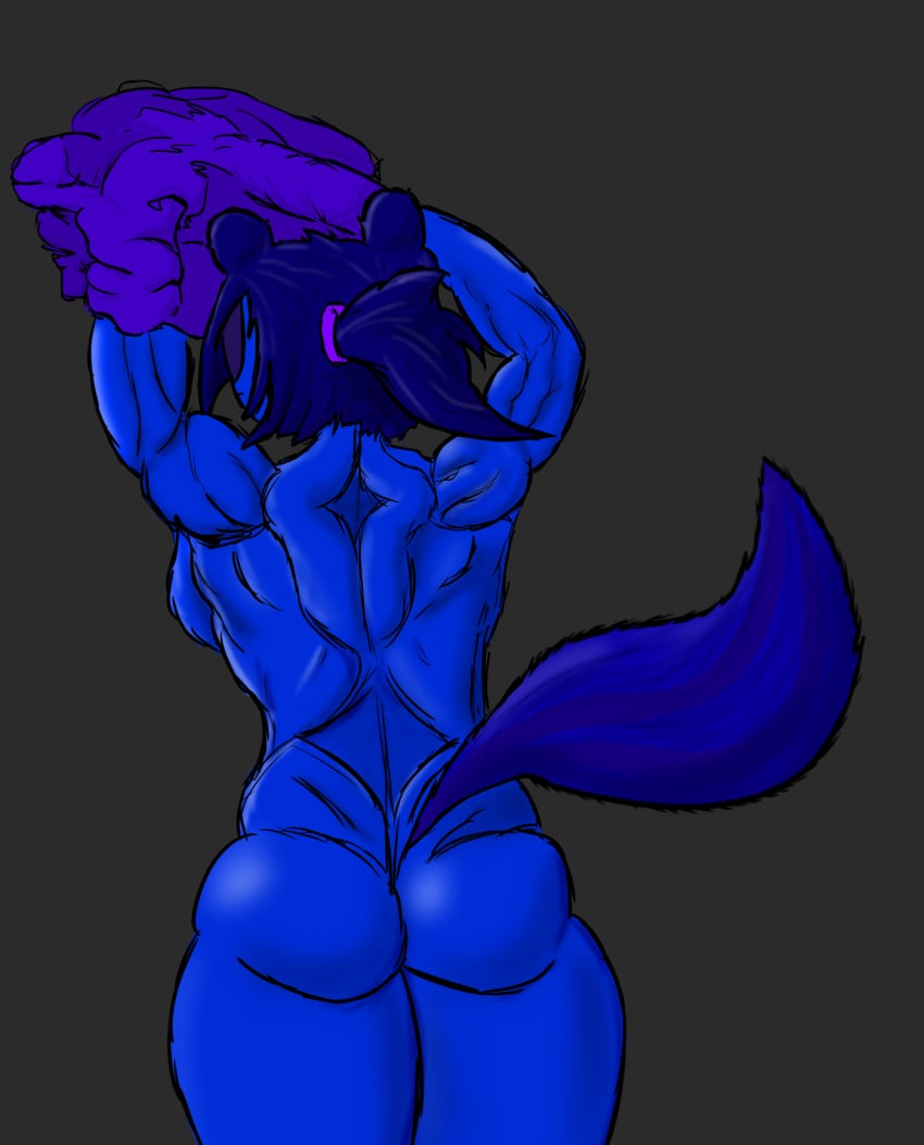 anthro back_muscles back_view backboob blazin'_roads blue_body blue_fur from_behind furry ivara_(blazin'_roads) muscular_anthro muscular_female skunk skunk_girl skunk_tail taking_clothes_off undressing