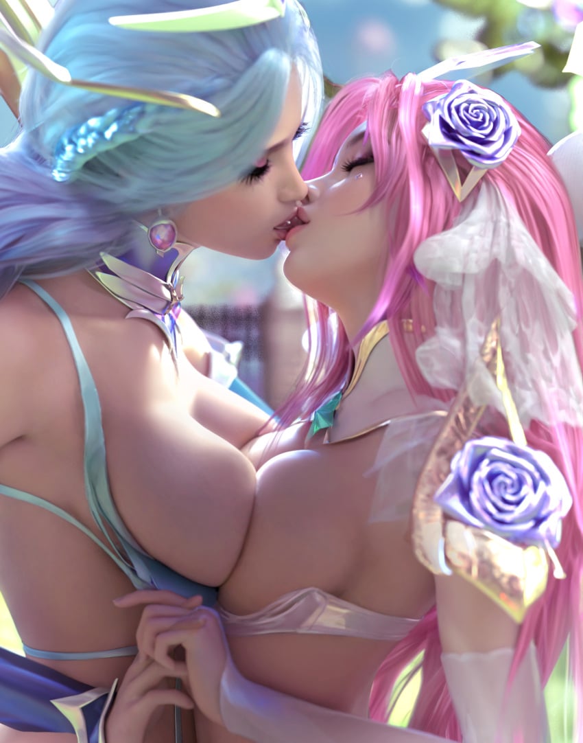 2girls 3d 3d_render angel angel_wings asymmetrical_docking blue_flower blue_hair blue_rose bra breast-to-breast breast_press breasts bridal_gauntlets cleavage clothing crystal_rose_kai'sa crystal_rose_seraphine crystal_rose_series detached_sleeves earrings eyelashes female flower french_kiss hair_flower hair_ornament halo holding_hands jewelry kai'sa kissing large_breasts league_of_legends long_hair multiple_girls pink_hair rose seraphine_(league_of_legends) sevenbees symmetrical_docking upper_body veil white_hair wings yuri