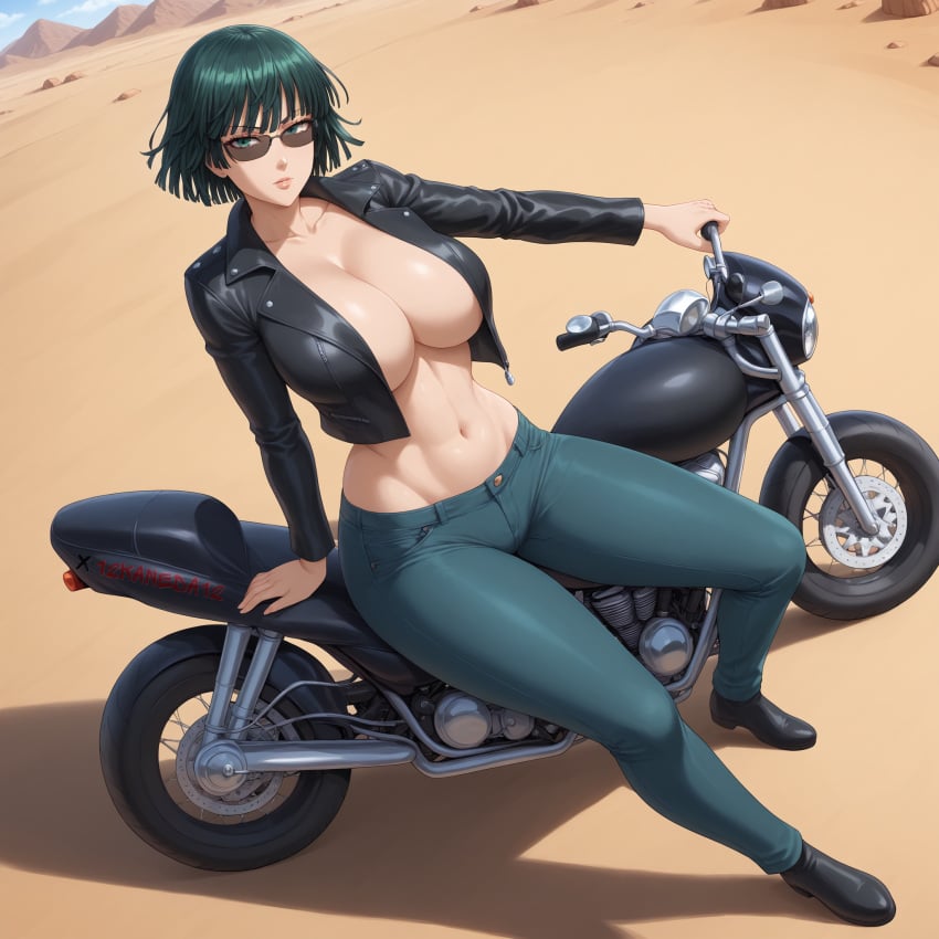 12kaneda12 1girls ai_generated desert exposed_breasts from_above fubuki_(one-punch_man) leather_jacket motorcycle one-punch_man solo_female sunglasses tinted_eyewear watermark