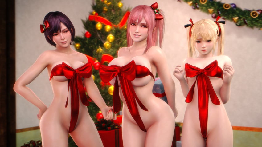 3d 3d_(artwork) 3d_render 3girls blonde_hair blue_eyes christmas christmas_tree dead_or_alive female female_only honoka_(doa) indoors marie_rose nagisa_(doa) naked_ribbon naughty_face noname55 partially_clothed partially_clothed_female pink_eyes pink_hair pubic_hair red_ribbon ribbon standing