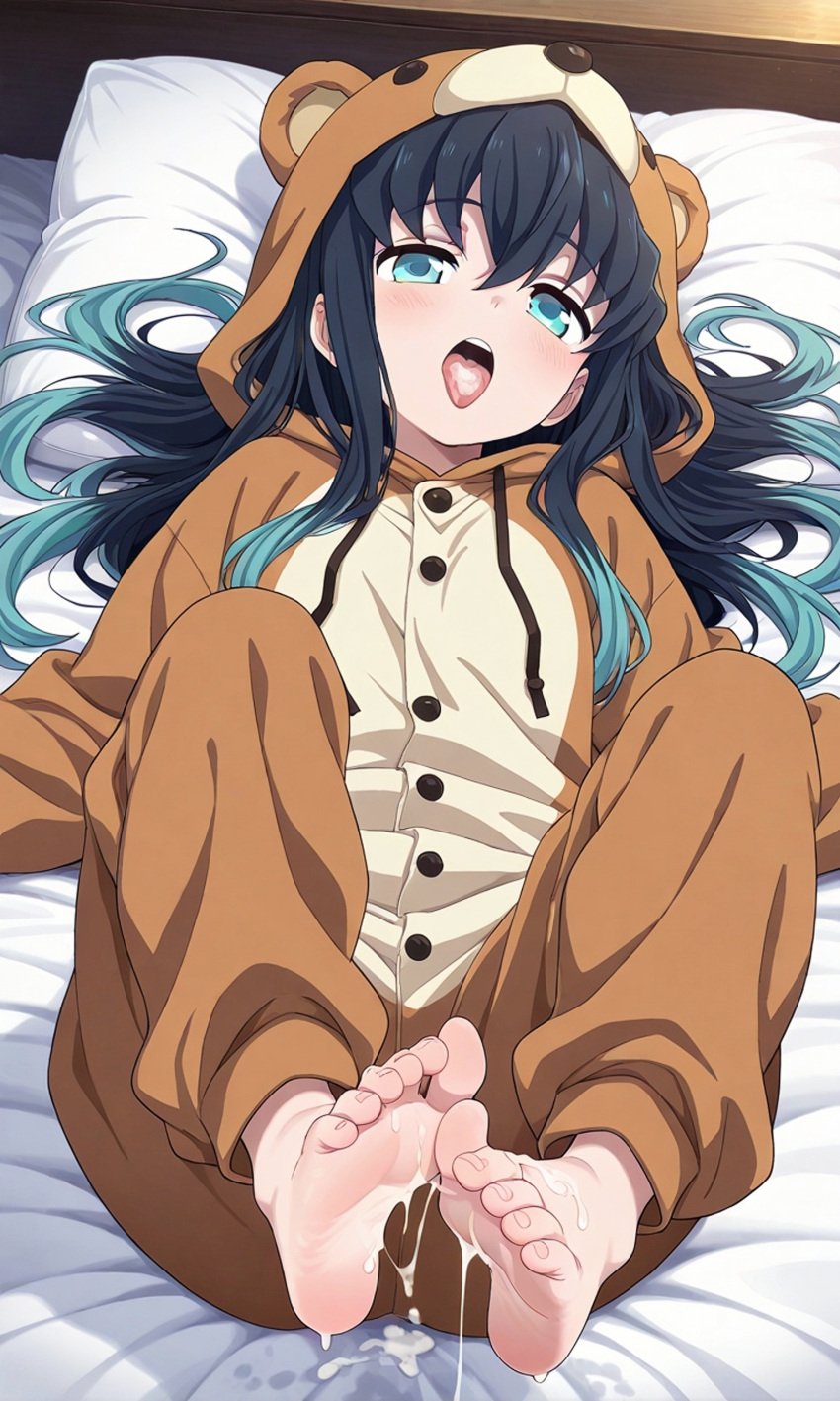 1boy ai_generated bangs blue_eyes clothing cum_on_feet cum_on_tongue cute cute_face demon_slayer feet femboy femboy_only feminine_male foot_fetish fully_clothed gay hair_spread_out implied_footjob implied_oral kimetsu_no_yaiba laying_on_bed light-skinned_male long_hair_male male_focus male_only muichiro_tokitou onesie soles sweetsavour teenager two_tone_hair white_sheets yaoi young