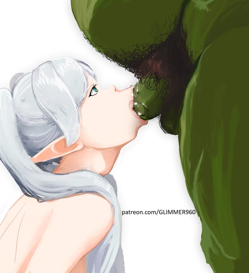 1boy 1girls belly big_penis blowjob completely_nude elf elf_ears elf_female elf_girl fellatio female fern_(sousou_no_frieren) frieren frieren_beyond_journey's_end glimmer green_eyes green_skin huge_cock mouth_full_of_cock ogre oral_sex pubic_hair saliva_on_penis sousou_no_frieren twintails wet white_hair