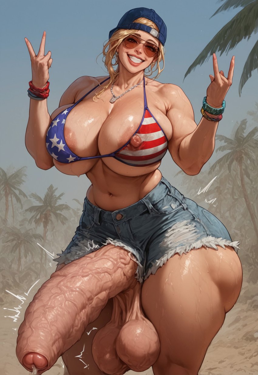 ai_generated american_flag_bikini areola_slip areolae ass backwards_baseball_cap balls beach big_areola big_ass big_balls big_breasts big_penis bikini bikini_top blonde_hair bracelets breasts breasts_bigger_than_head civitai denim_shorts dumptruck_ass foreskin futazealot gigantic_breasts grand_theft_auto grand_theft_auto_vi hat huge_ass huge_balls huge_breasts huge_cock hyper hyper_penis light-skinned_futanari light_skin low_hanging_balls mud_girl_(gta_vi) necklace nipple_slip nipples peace_sign penis penis_out penis_out_of_pants precum shiny_skin shorts smile sunglasses sweat sweatdrop sweaty_body sweaty_breasts sweaty_butt sweaty_thighs thick_penis thick_thighs tinted_eyewear uncut veiny_penis wide_hips