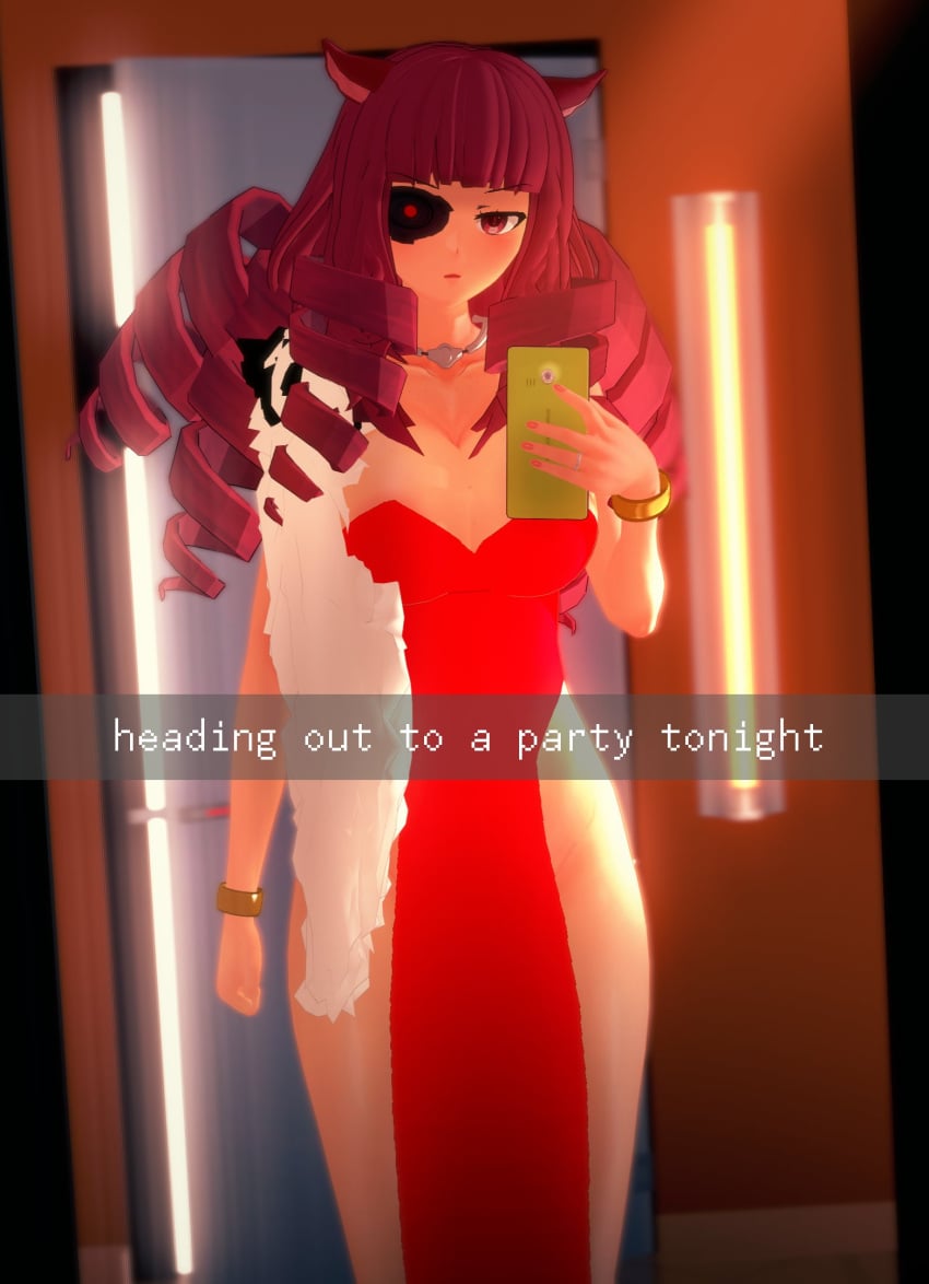 3d cat_ears chinese_dress cybernetic_eye dialogue drill_hair female hallway koikatsu light-skinned_female light_skin long_hair mirror mirror_selfie mostly_clothed partially_clothed phone red_hair selfie solo solo_female solo_focus spiritofrei stella_hoshii text va-11_hall-a