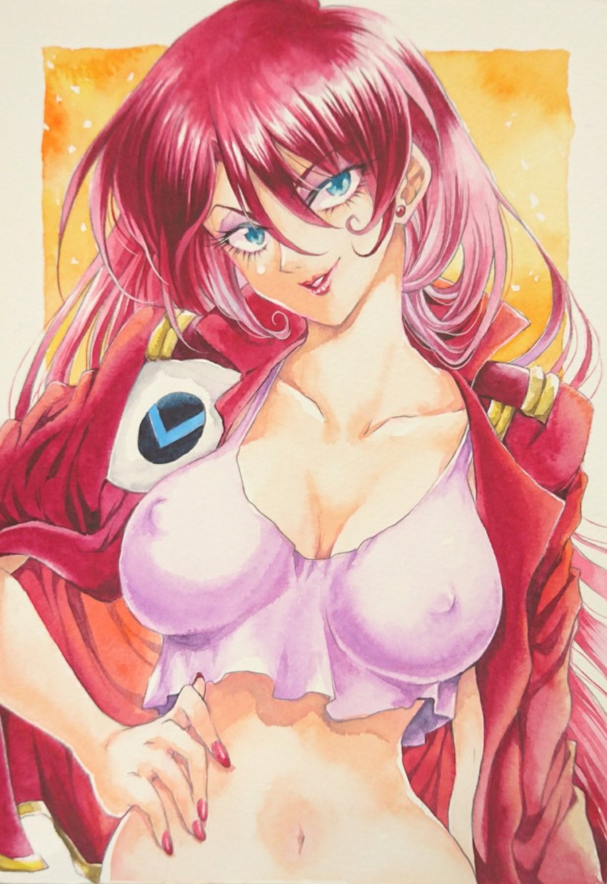 arm_at_side blue_eyes border breasts collarbone covered_nipples crop_top cropped_shirt dusk eyelashes eyeshadow female fushigi_no_umi_no_nadia grandis_granva hair_between_eyes hand_on_own_hip head_tilt impossible_clothes impossible_shirt inukiman8169 jacket jacket_on_shoulders large_breasts lipstick long_hair looking_at_viewer loose_clothes loose_shirt makeup midriff military_uniform nail_polish navel open_clothes open_jacket orange_background outside_border parted_lips purple_eyeshadow red_hair red_jacket red_lips red_nails shirt sky solo tank_top v-shaped_eyebrows white_border white_tank_top yellow_sky