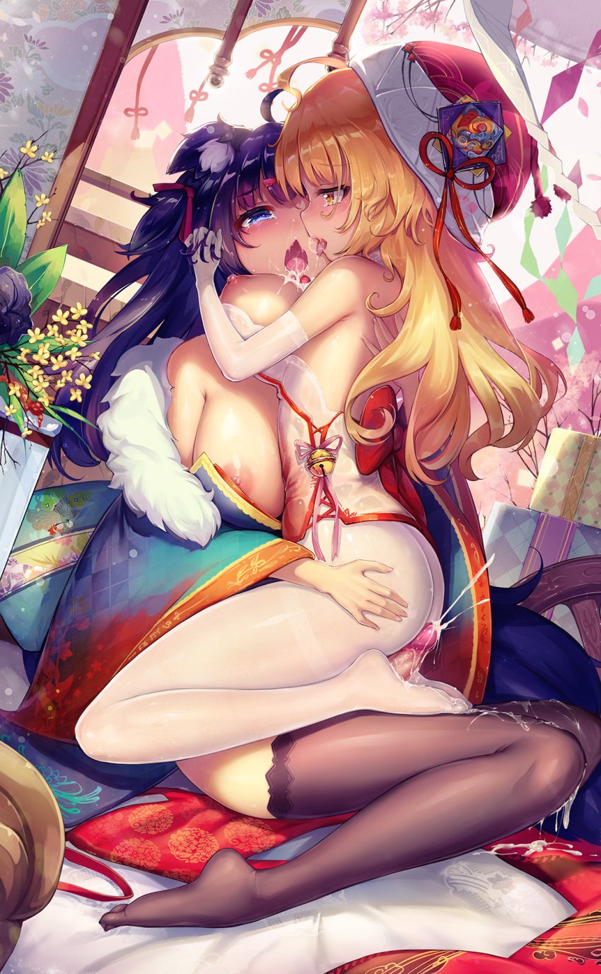 2girls animal_ears areolae bare_shoulders black_legwear blonde_hair blue_eyes blush breasts bustier cum cum_on_clothes cum_on_feet dk.senie ejaculation elbow_gloves erection feet food footjob footjob_with_legwear fruit futanari gloves hair_ribbon hat highres horny hug intersex japanese_clothes kimono kissing large_breasts long_hair looking_at_another multiple_girls nipples no_shoes off_shoulder open_mouth original pantyhose penis purple_hair ribbon sitting sitting_on_person strawberry tears thighhighs tongue tongue_out white_legwear yellow_eyes