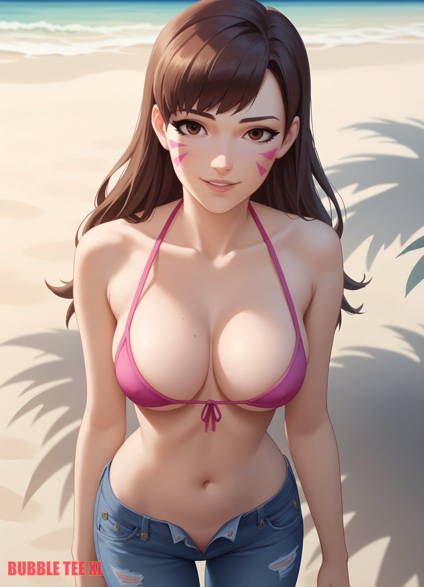 1girls ai_assisted ai_generated artist_name bare_arms bare_midriff beach bikini_top blizzard_entertainment breasts brown_eyes brown_hair bubbleteexl cleavage collarbone d.va daytime facial_markings female female_only halterneck hana_song highres jeans large_breasts navel open_fly outdoors outside overwatch overwatch_2 sand solo standing torn_clothes torn_jeans water