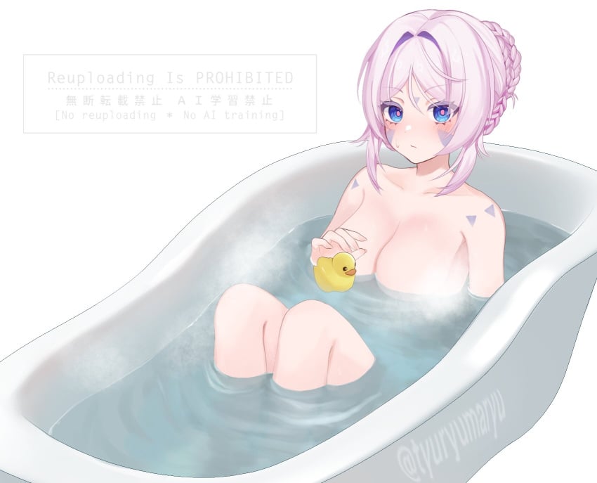 arm_tattoo bathing bathtub blue_eyes blush braid breasts citlali_(genshin_impact) closed_mouth facial_mark female forehead_mark genshin_impact long_hair looking_at_viewer medium_breasts nude pink_hair rubber_duck shoulder_tattoo tattoo triangle triangle_facial_mark tsyumaru_(tyuryumaryu) water white_background