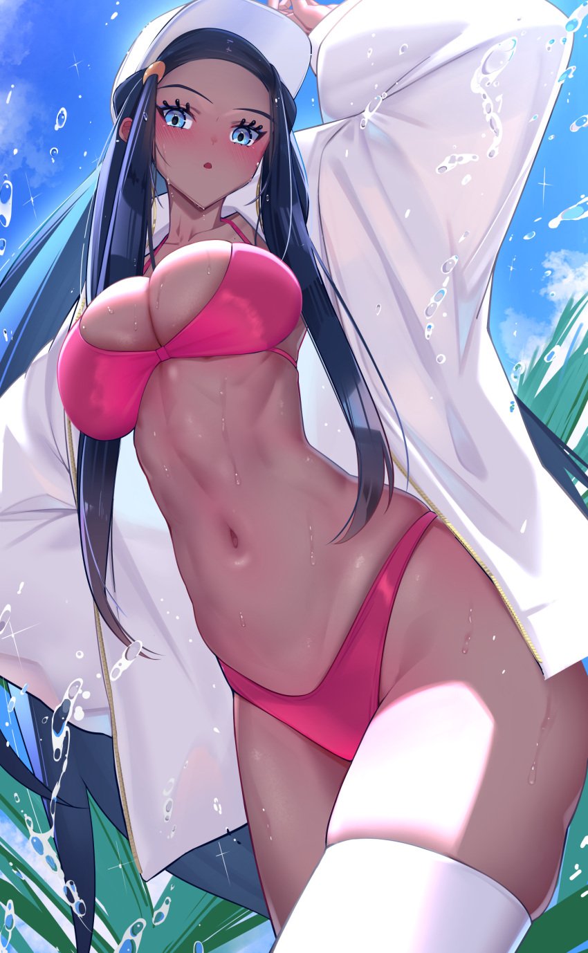 1girls bare_arms bare_legs bare_shoulders bare_thighs big_breasts black_hair blue_eyes blush clothed clothing color dark-skinned_female dark_skin female female_focus female_only game_freak gym_leader haska_(user_gure4787) hat hi_res large_breasts long_hair looking_at_viewer nessa_(pokemon) nintendo pokemon pokemon_ss pokemon_trainer solo solo_female tagme thick_thighs