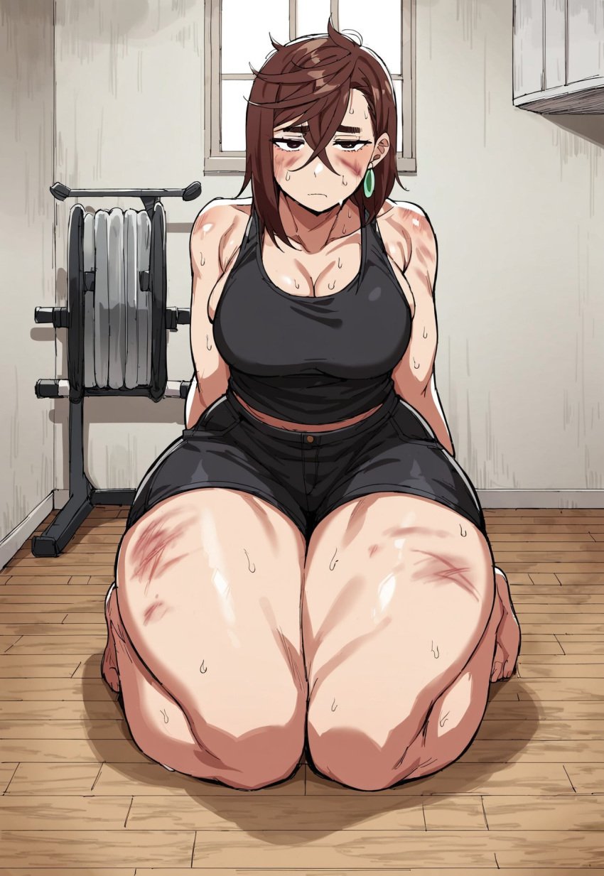 ai_generated ayase_momo brown_hair bruise bruised civitai dandadan dark exhausted eyes female gym hourglass_figure huge_breasts indoors shorts solo_female sweat tank_top thick_thighs thunder_thighs thunderthighs tired wounded