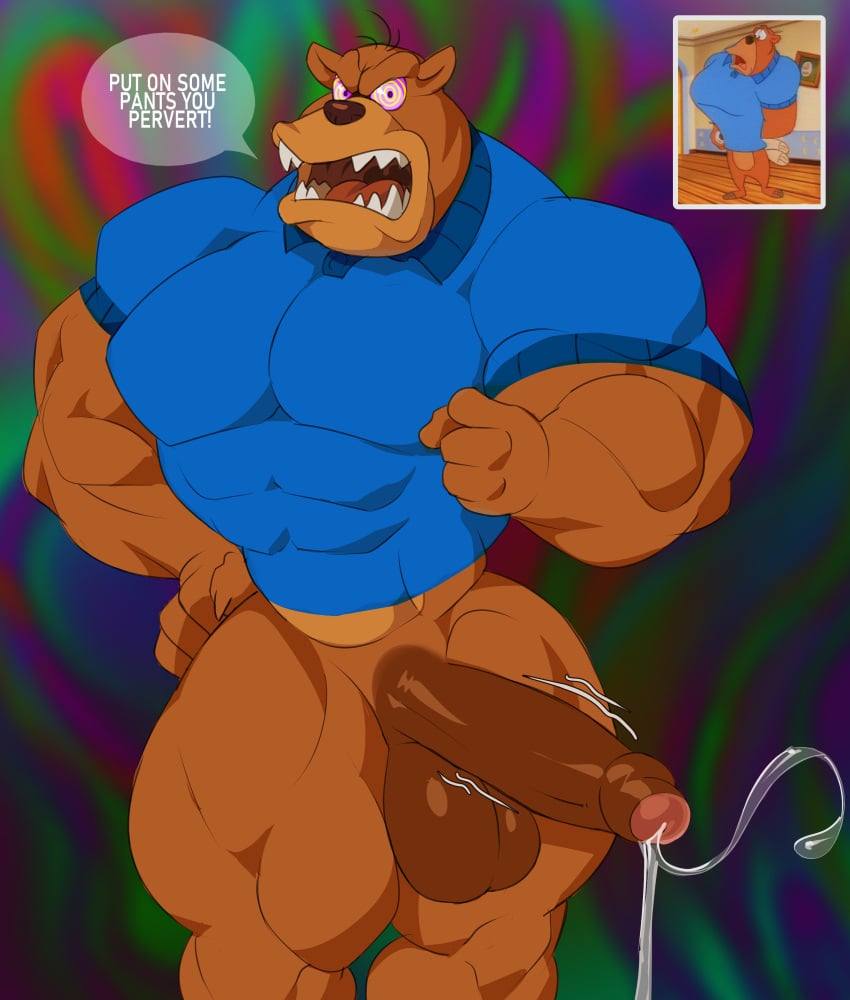 absurd_res angry anthro bear bodily_fluids bonkers_(series) bottomless clothed clothing colorful_background darkened_genitalia darkened_penis genital_fluids genitals gesture grumbles_grizzly hand_gesture hi_res hypnosis hypnotic_eyes male male_only mammal mind_control muscular muscular_anthro muscular_male oblivious pantsless penis perverted pointing pointing_at_another precum precum_squirt shaming sharp_teeth solo speech_bubble teeth throbbing throbbing_penis tiburalgo tight_clothing tight_topwear toony topwear topwear_only unaware_hypnosis