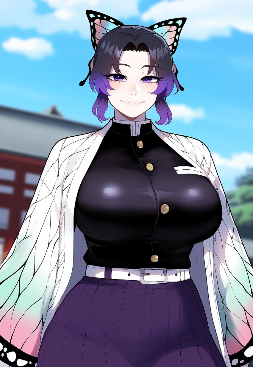 ai_generated big_breasts black_hair breasts curvy dark_skin demon_slayer huge_breasts juuicyai kimetsu_no_yaiba kochou_shinobu large_breasts long_hair massive_breasts narrow_waist purple_eyes purple_hair thick_thighs wide_hips