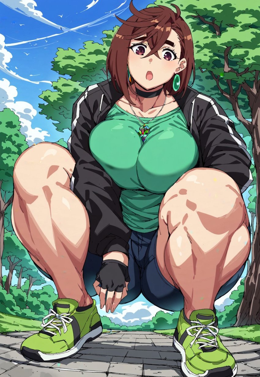 ai_generated ayase_momo black_jacket bottom_heavy clothed_female clothing dandadan darkblue_jeans footwear gloves green headwear hourglass hourglass_figure jacket jeans light_blue_clothing light_jeans loitering mini_giantess necklace pink_footwear running_shoes sitting smiling smug sneakers taller_female thighs thunder_thighs tight_clothing tight_jeans