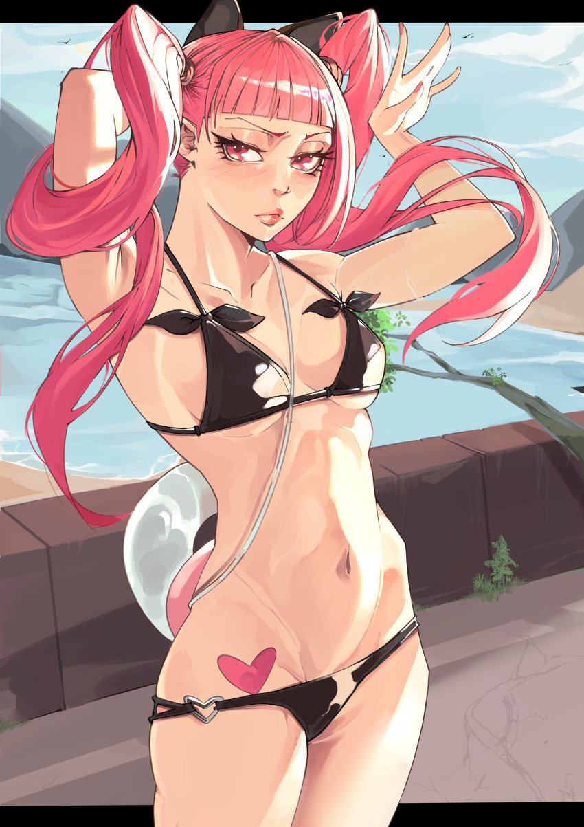 armpits arms_up bangs beach bikini black_bikini black_swimsuit bleach blunt_bangs blush breasts clothing day dokugamine_riruka female fire_emblem fire_emblem:_three_houses heart hilda_valentine_goneril jobin_chan lips long_hair looking_at_viewer medium_breasts navel outdoors pink_eyes pink_hair small_breasts solo swimsuit tattoo tied_hair twintails