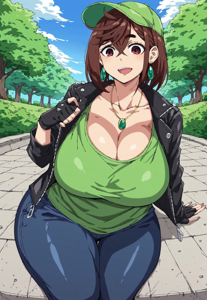 ai_generated ayase_momo baseball_cap black_jacket bottom_heavy cap clothed_female clothing dandadan darkblue_jeans footwear gloves green green_headwear headwear hourglass hourglass_figure jacket jeans light_blue_clothing light_jeans loitering mini_giantess necklace pink_footwear running_shoes sitting smiling smug sneakers taller_female thighs thunder_thighs tight_clothing tight_jeans