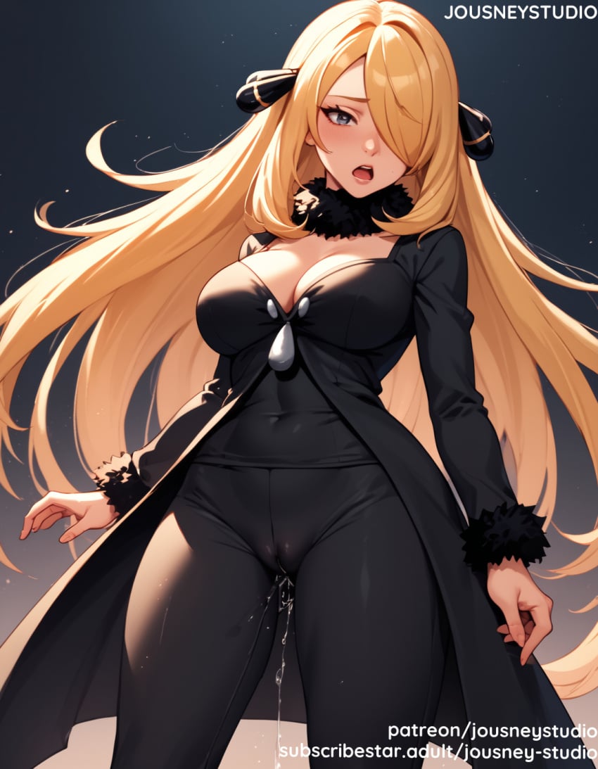 ai_generated bangs bare_shoulders black_coat black_dress black_pants black_shirt blonde_hair blush breasts cameltoe cleavage clothing coat covered_navel cynthia_(pokemon) dress eyelashes female female female_only floating_hair fur-trimmed_coat fur-trimmed_sleeves fur_collar fur_trim grey_eyes hair_ornament hair_over_one_eye jacket jousneystudio large_breasts long_hair long_sleeves looking_at_viewer navel open_mouth pants pokemon pokemon_(game) pokemon_character pokemon_diamond_pearl_&amp;_platinum pokemon_dppt shirt smile solo standing teeth thick_thighs thighs tongue very_long_hair