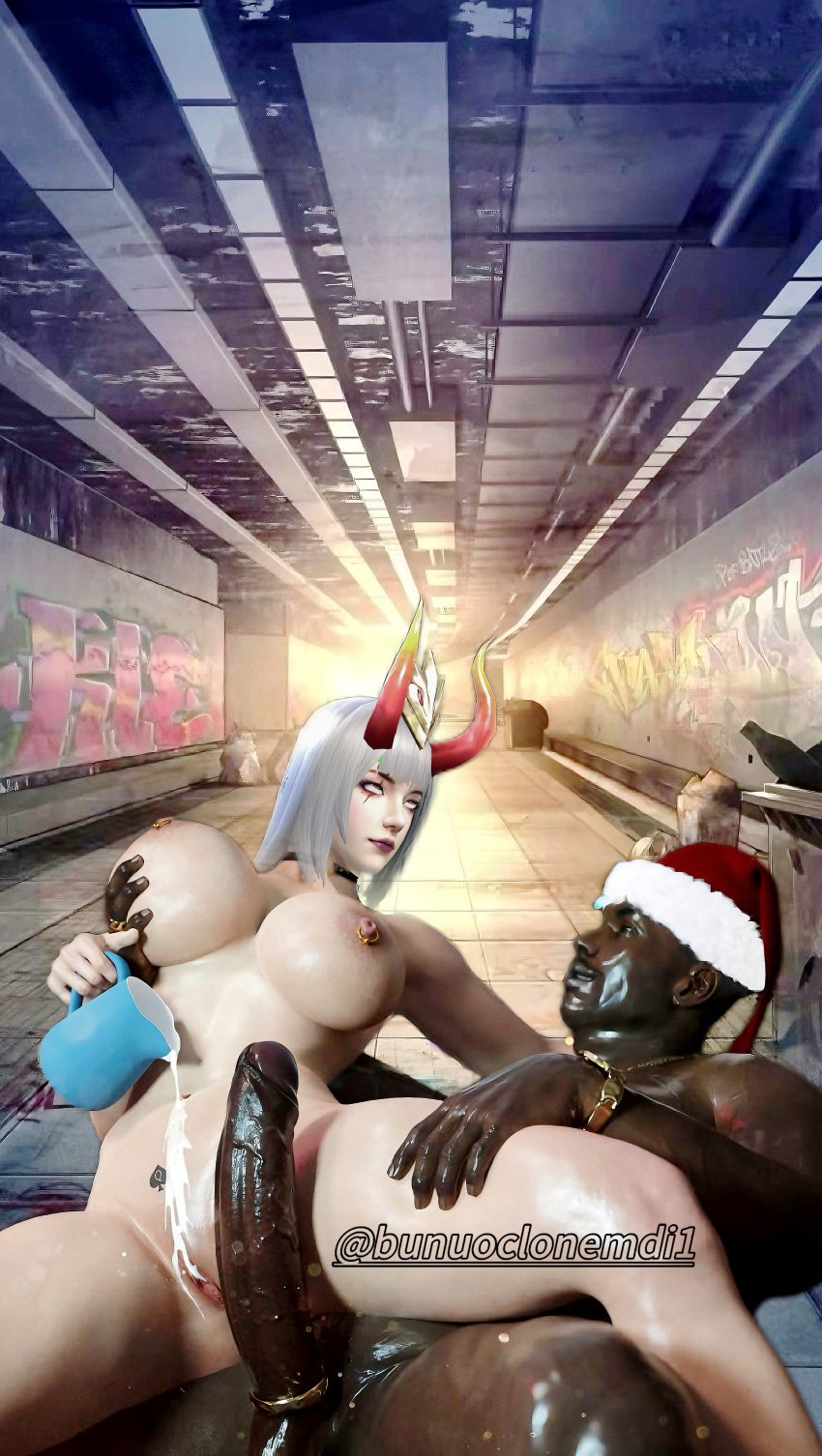 1boy 1girls 3d 3d_(artwork) @bunuoclonemdi1 big_dick big_penis crown free_fire horns lipstick male red_lipstick tagme white_hair