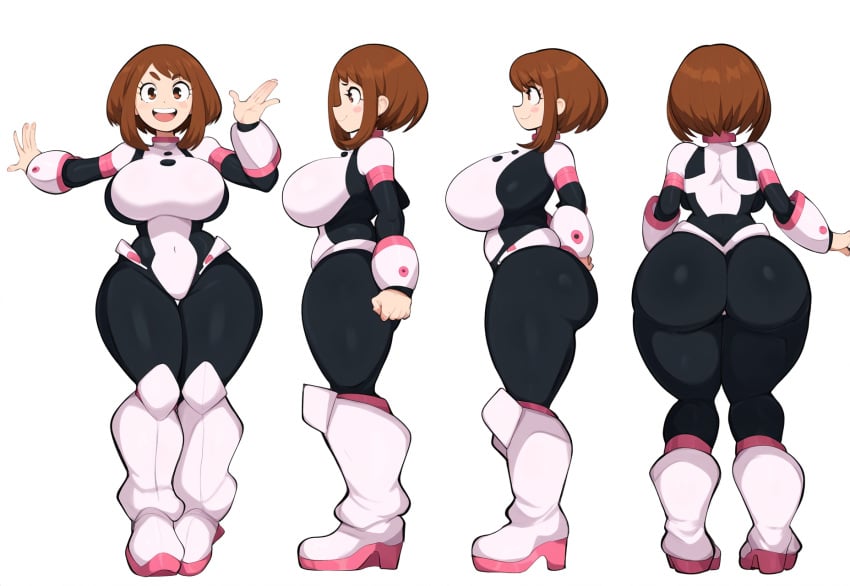 1girls ai_generated ass back_view big_ass big_breasts bodysuit breasts brown_hair bubble_butt female front_view huge_ass huge_breasts mullon my_hero_academia novelai ochako_uraraka ochako_uraraka_(hero_outfit) reference_sheet side_view smile solo superheroine