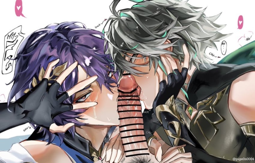 2boys alhaitham_(genshin_impact) blowjob blush blush covering_face dr._ratio_(honkai:_star_rail) fellatio gay genshin_impact gray_hair honkai:_star_rail male/male male_only purple_hair yaoi